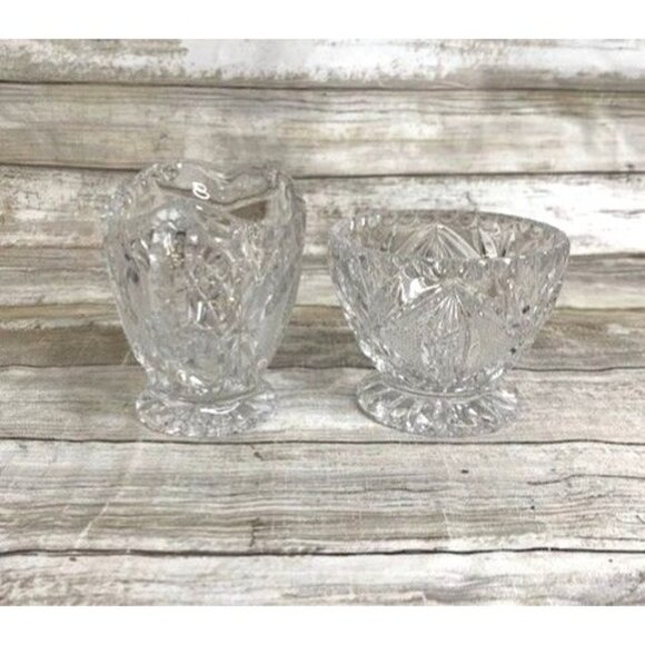 Vintage European Cut Crystal Creamer & Sugar Bowl Set Diamond & Fan Pattern - Picture 5 of 10